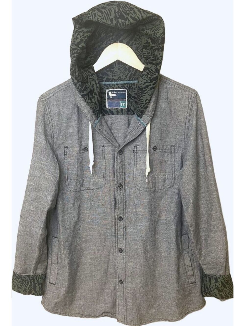 Modern Amusement Men's Chambray Hooded Shirt Jacket Gray Shacket Y2K Medium